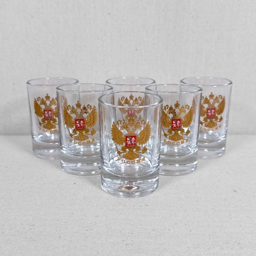 VINTAGE Russian Vodka Shot Glasses 🇷🇺 Gold Double Eagle Crest Barware | 6 PCS.